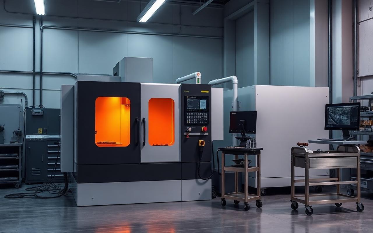 Enclosed 3-axis CNC vertical machining center station with tool cart