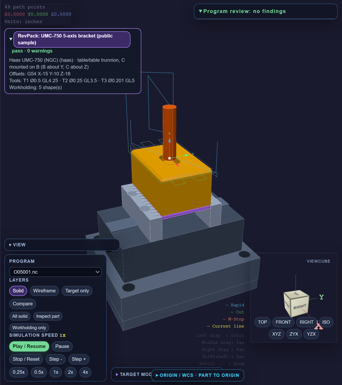 JobLine 3D simulation of a sample program on a Haas UMC-750 with a Makro-Grip 5-axis vise: serrated steel jaws, see-through stock, the finished part in gold, toolpath and tool