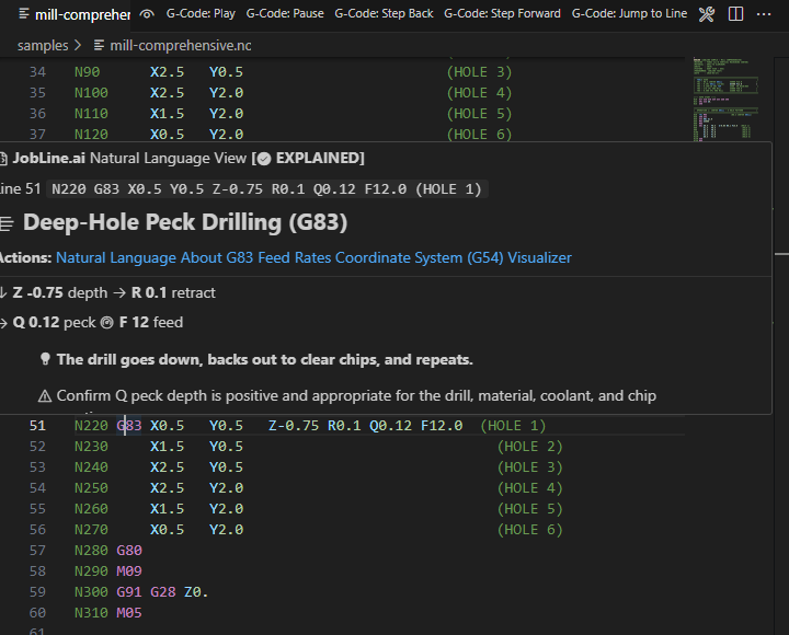 A G83 peck-drilling hover card in the editor
